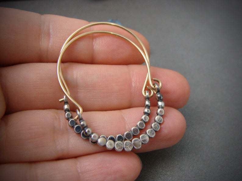 Women’s Hoop Earrings - Textured Beaded Design - Lightweight Metal - Hook Closure