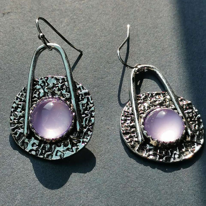 Women's Boho Earrings - Textured Metal with Gem Accent - Hook Fastening Unique Design