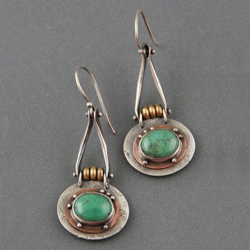 Women's Bohemian Earrings - Vintage Metal & Stone Design - Handcrafted Hook Style