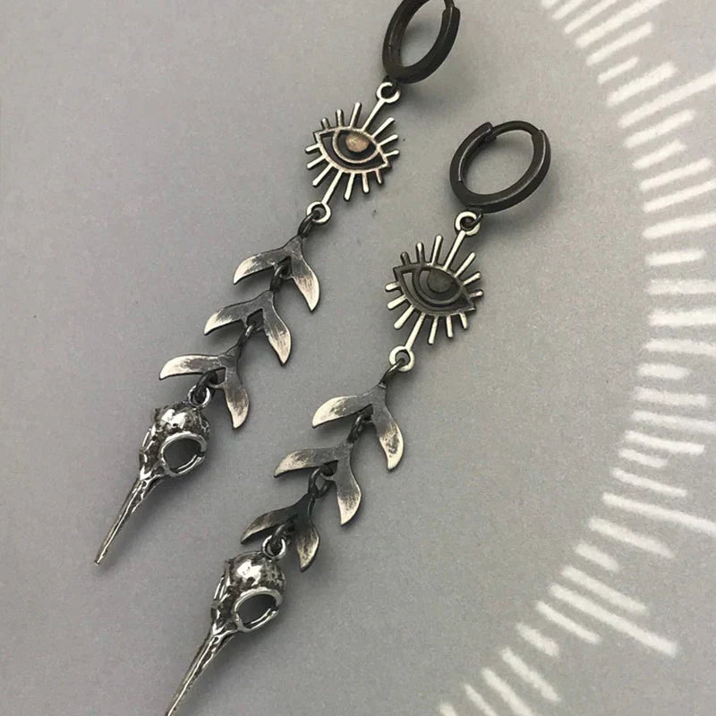 Unisex Dangle Earrings - Mystical Eye & Bird Skull - Gothic Statement Jewelry