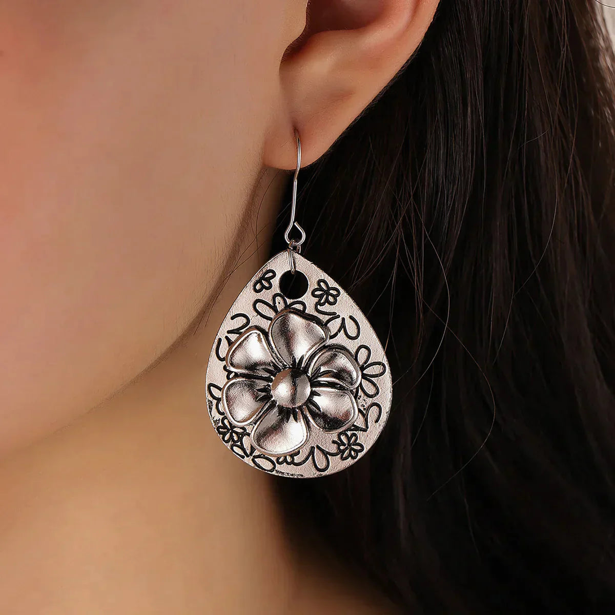 Women's Dangle Earrings - Teardrop Shape - Floral Embossed Metal - Artisan Style