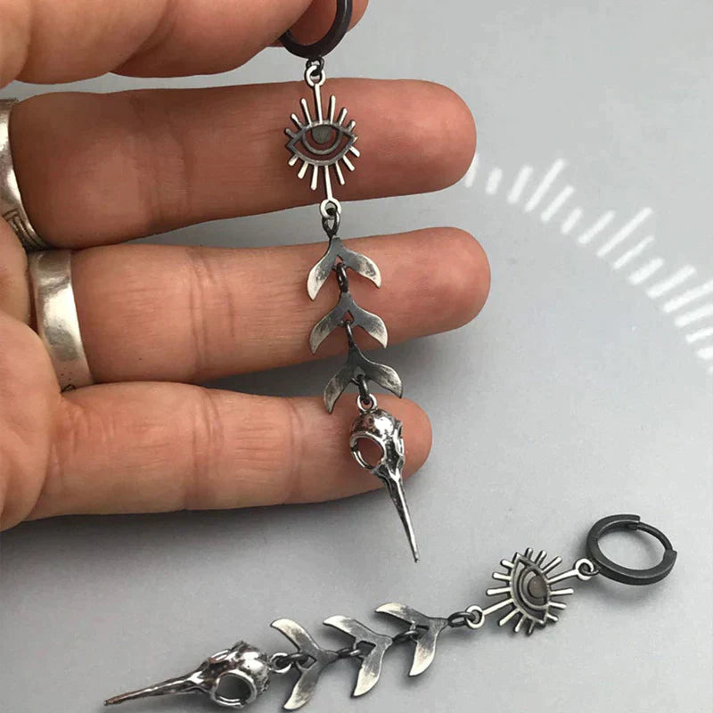 Unisex Dangle Earrings - Mystical Eye & Bird Skull - Gothic Statement Jewelry