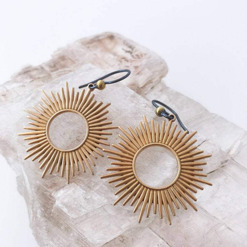 Women's Sunburst Earrings - Statement Metal Design - Hook Closure - Boho Style