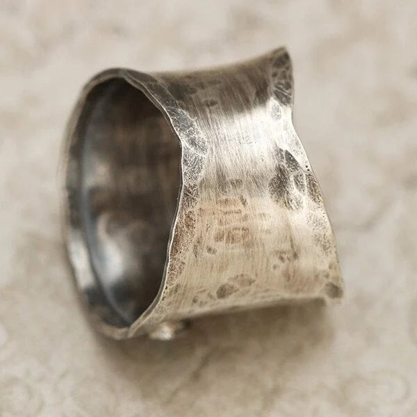 Women's Wide Band Ring - Handcrafted Metal - Floral & Bird Engraved Statement Piece