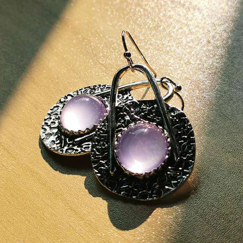 Women's Boho Earrings - Textured Metal with Gem Accent - Hook Fastening Unique Design