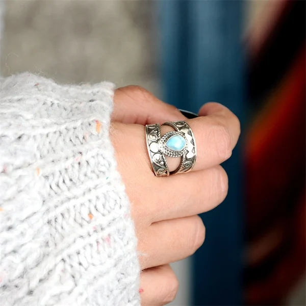 Turquoise drop openwork ring