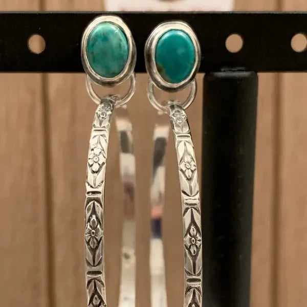 Women's Hoop Earrings - Floral Engraved Metal - Bezel-Set Stone Accent - Boho Vintage Style