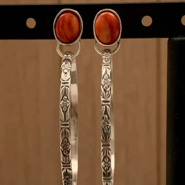 Women's Hoop Earrings - Floral Engraved Metal - Bezel-Set Stone Accent - Boho Vintage Style