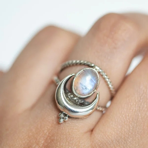 Oval rainbow moonstone moon phase ring