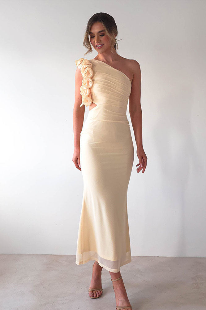Statement Floral One-Shoulder Fitted Midi Dress