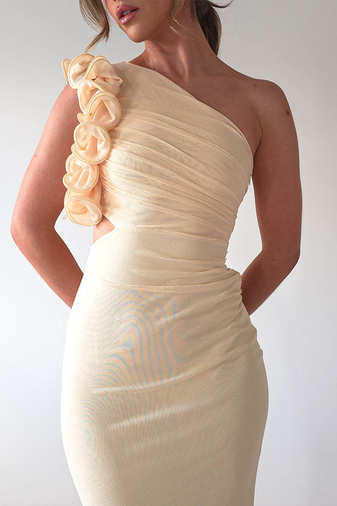 Statement Floral One-Shoulder Fitted Midi Dress