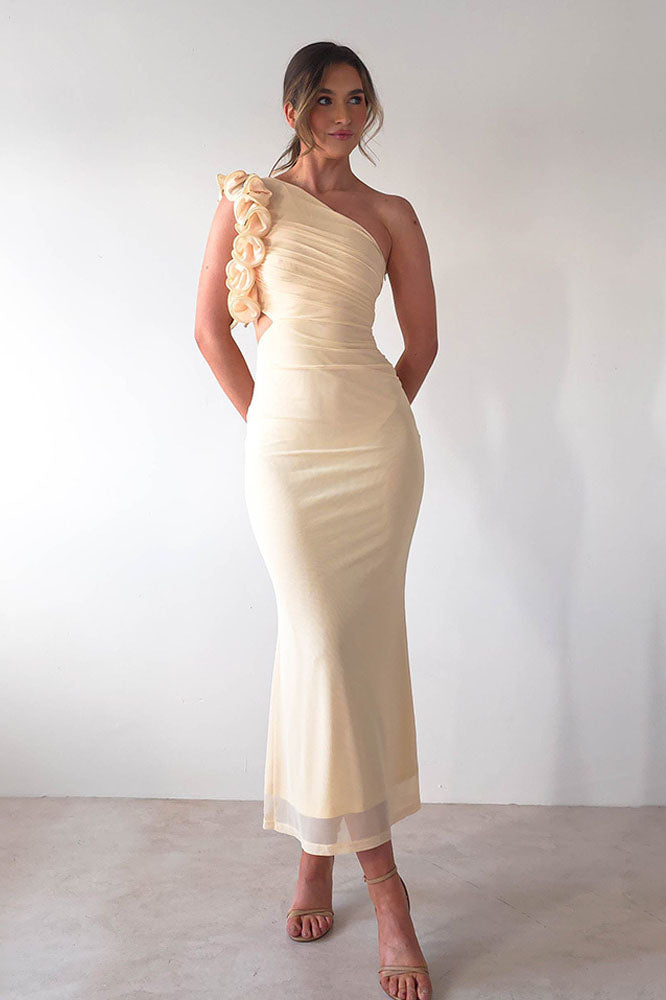 Statement Floral One-Shoulder Fitted Midi Dress