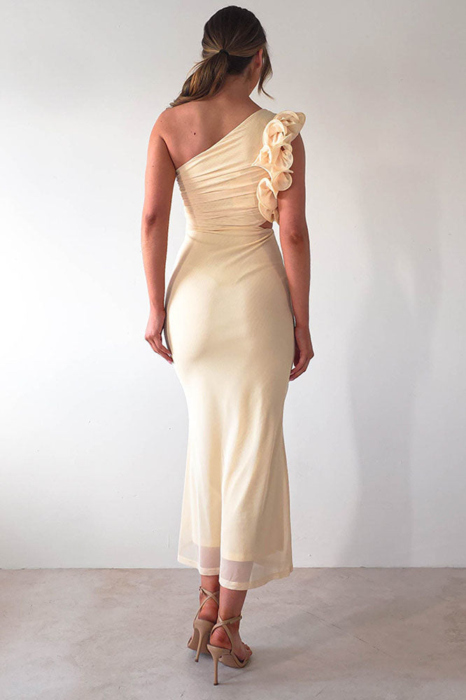 Statement Floral One-Shoulder Fitted Midi Dress