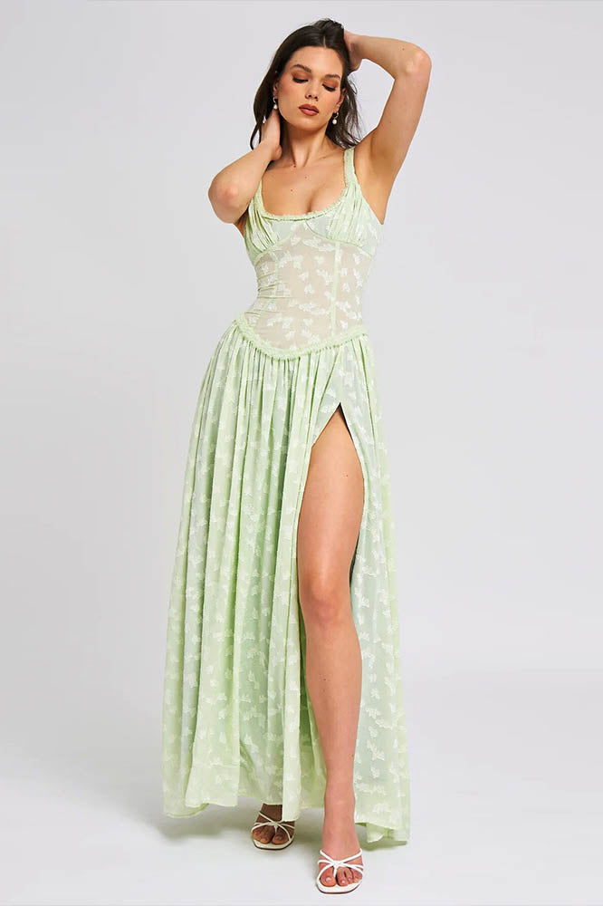 Hot Girl Backless Ruched Slit Strap Midi Dress