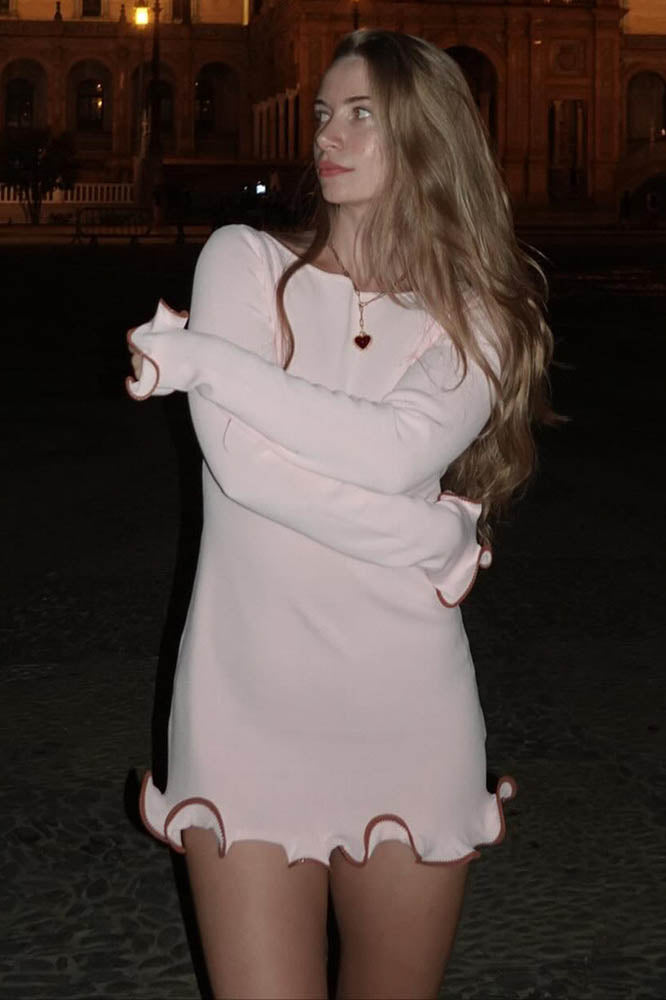 French-Inspired Ruffle Edge Knit Mini Dress