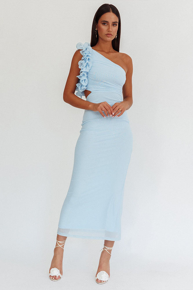 Statement Floral One-Shoulder Fitted Midi Dress