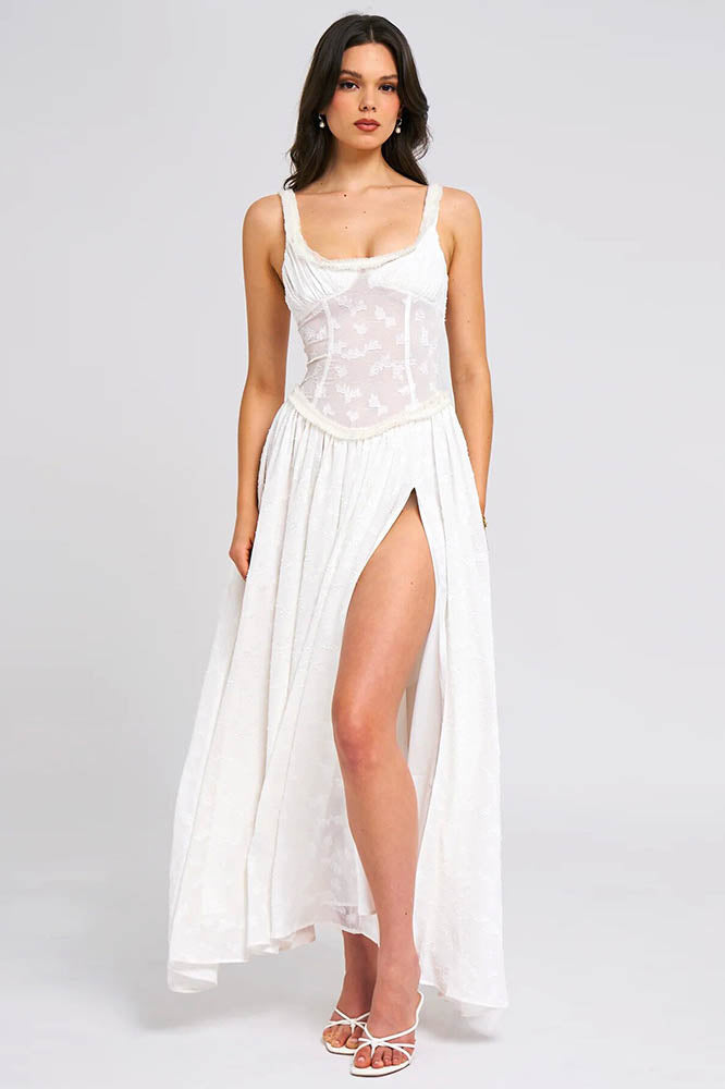 Hot Girl Backless Ruched Slit Strap Midi Dress