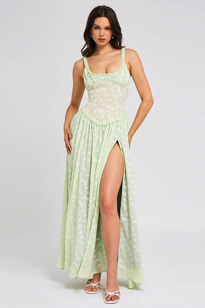 Hot Girl Backless Ruched Slit Strap Midi Dress