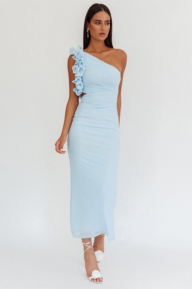 Statement Floral One-Shoulder Fitted Midi Dress