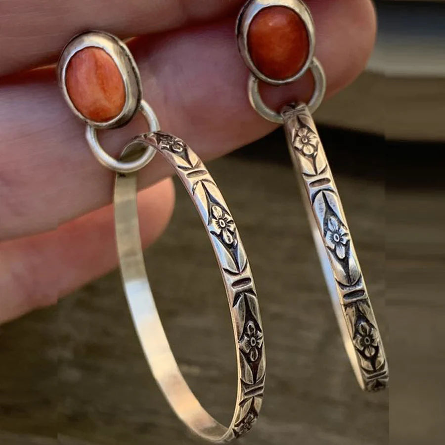 Women's Hoop Earrings - Floral Engraved Metal - Bezel-Set Stone Accent - Boho Vintage Style