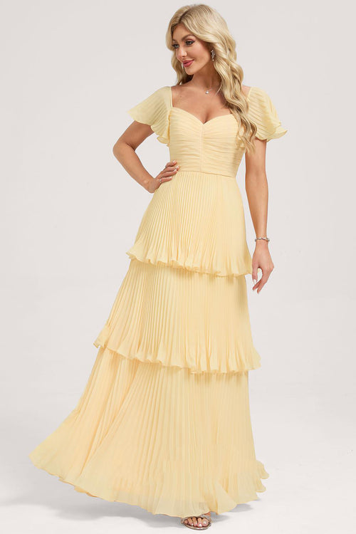 A-Line V-Neck With Floor-Length Chiffon Ruffles Maxi Dress
