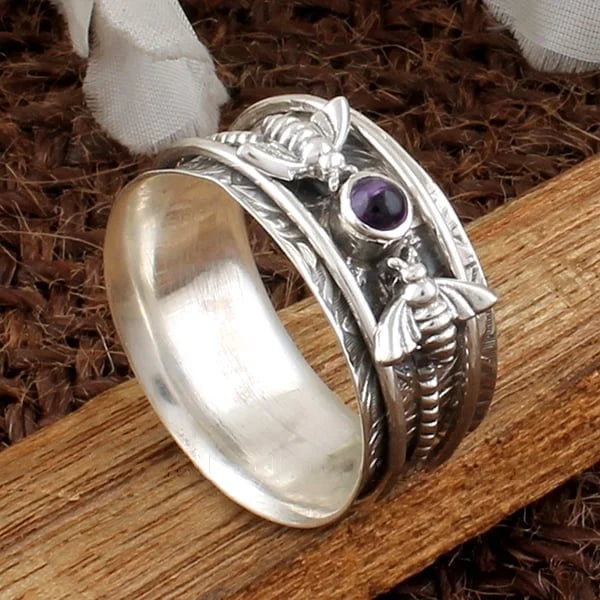 Women's Bee Ring - Metal Wide Band - Engraved Nature-Inspired Design - Gemstone Accent