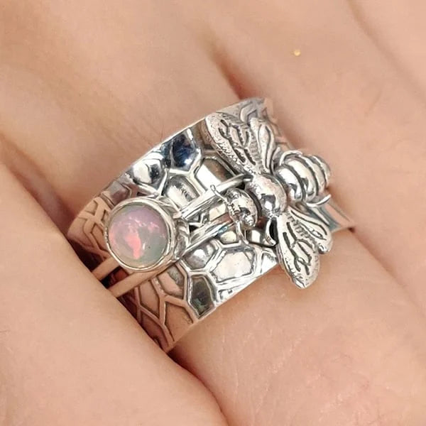 Unique bee gemstone meditation spinner ring