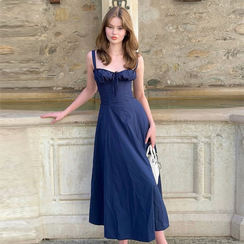 Lace-Detail Coastal Maxi Dress – Navy