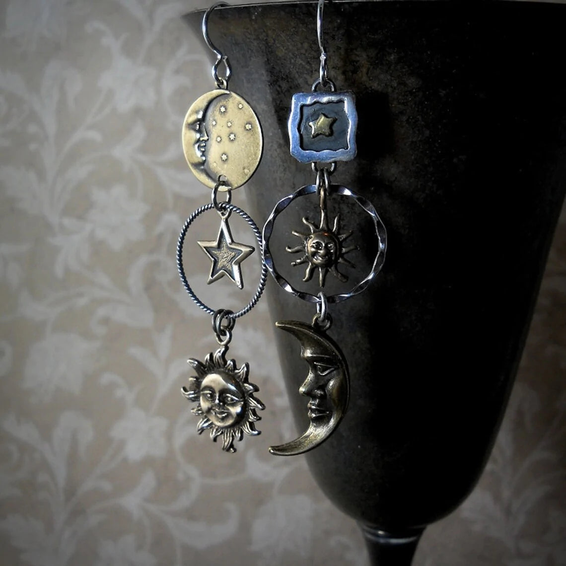 Sun and moon pendant earrings