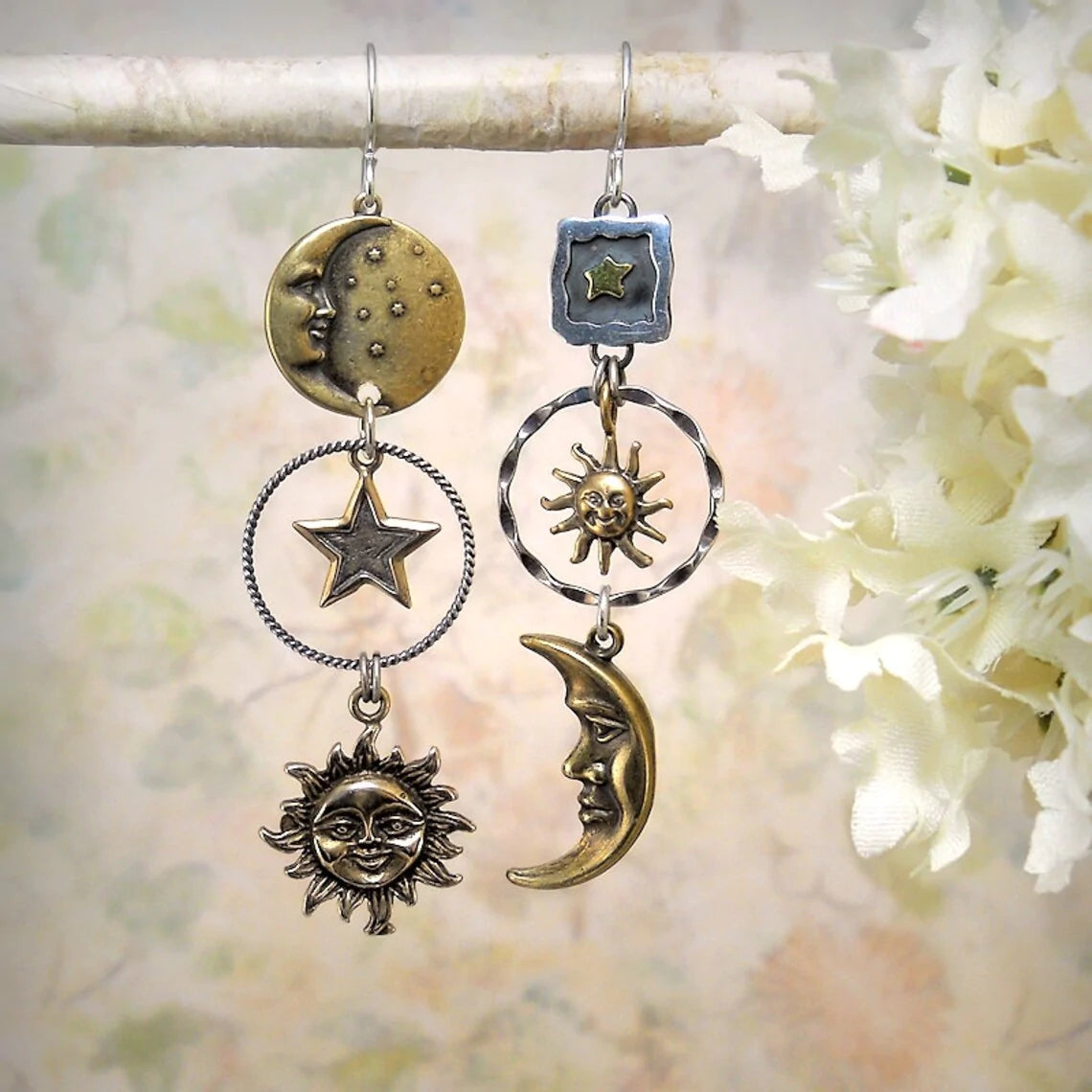 Sun and moon pendant earrings
