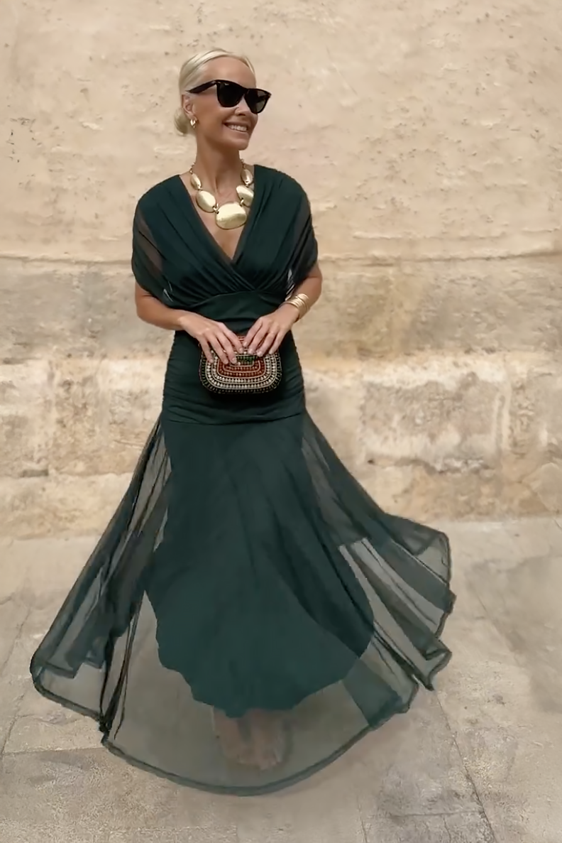 Bottle-Green Tulle Maxi Dress