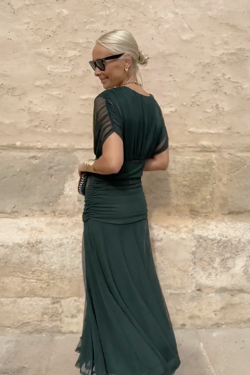 Bottle-Green Tulle Maxi Dress