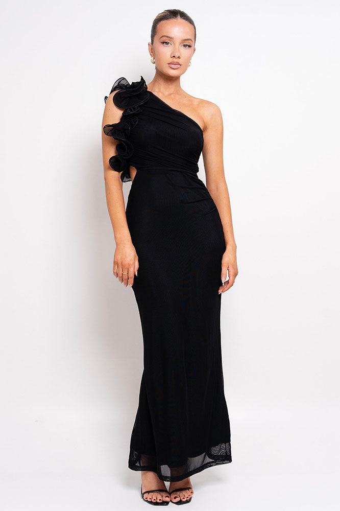 Statement Floral One-Shoulder Fitted Midi Dress