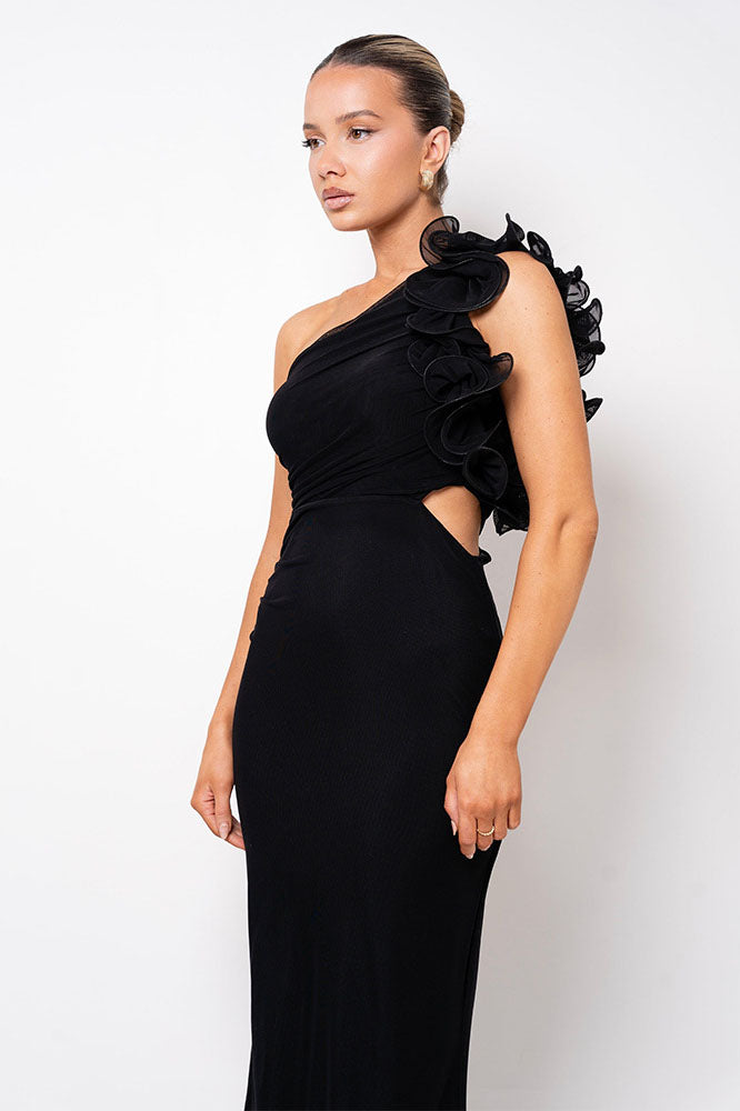 Statement Floral One-Shoulder Fitted Midi Dress