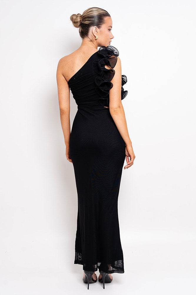Statement Floral One-Shoulder Fitted Midi Dress