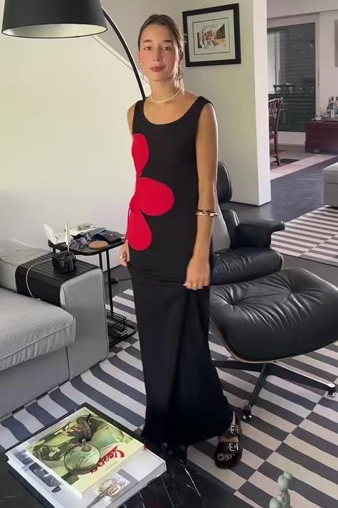 Mary Jane Black Diamond Hollow Red Flower Maxi Dress