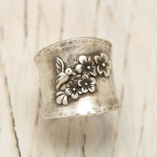 Women's Wide Band Ring - Handcrafted Metal - Floral & Bird Engraved Statement Piece