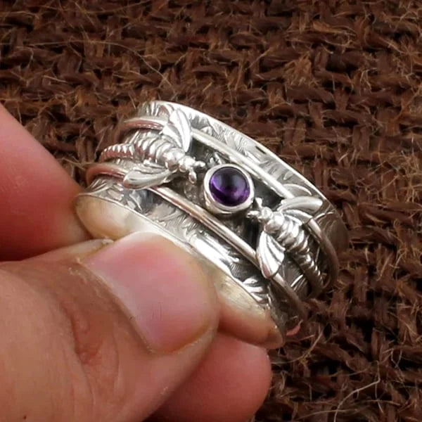 Women's Bee Ring - Metal Wide Band - Engraved Nature-Inspired Design - Gemstone Accent