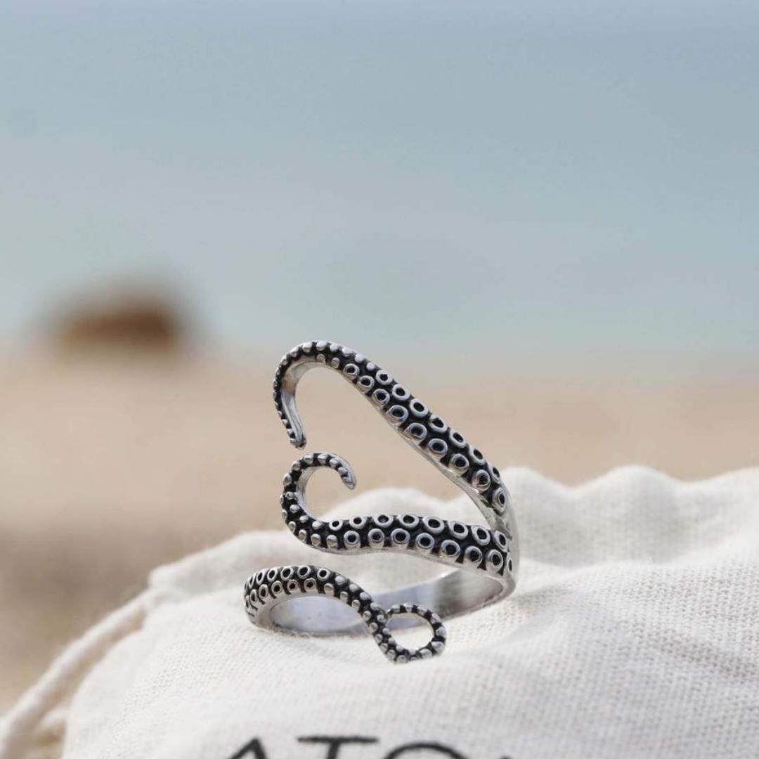 Unisex Octopus Tentacle Ring – Textured Metal – Adjustable Artistic Marine Design