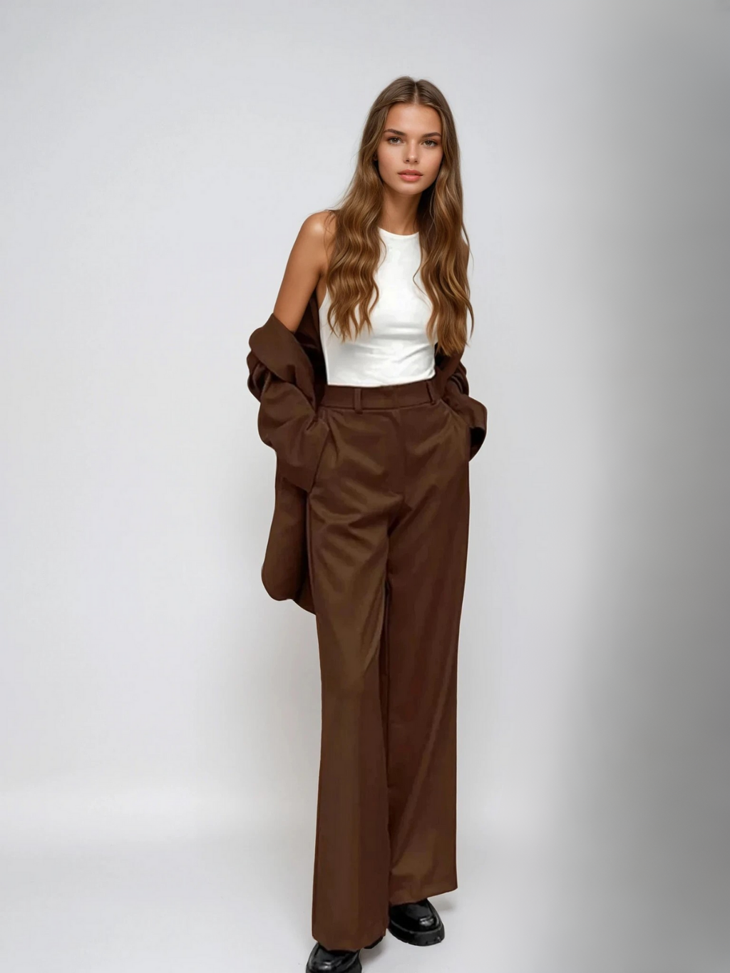 Léonie® | Mocha Vintage Blazer & Wide-leg Pants Matching Set