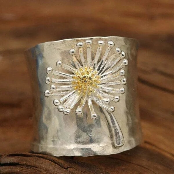 Women's Wide Band Ring - Hammered Texture - Embossed Dandelion Design - Nature Inspired