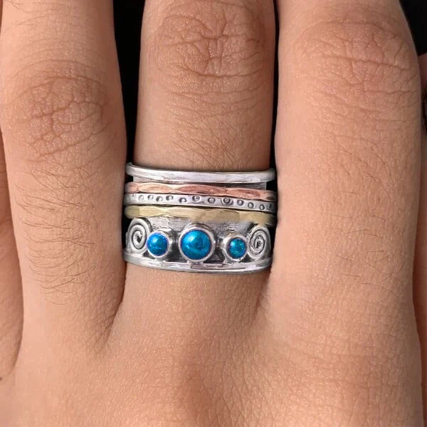 Women's Stacking Ring - Sterling Silver Mixed Metal - Bohemian Textured Bands - Gemstone Accent