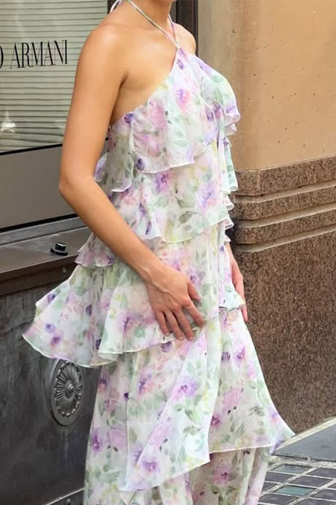 Layered Floral Halter Maxi Dress