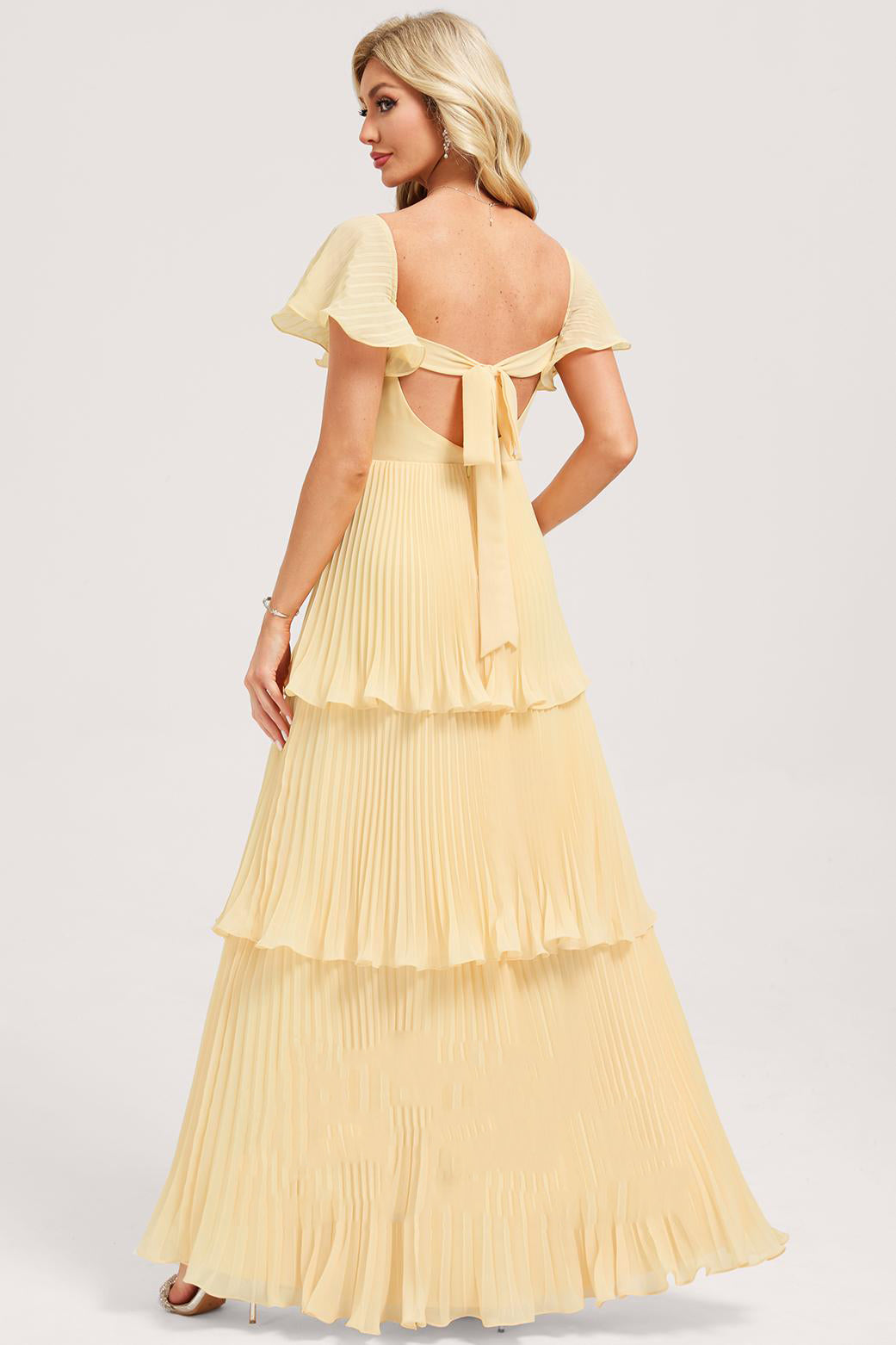 A-Line V-Neck With Floor-Length Chiffon Ruffles Maxi Dress
