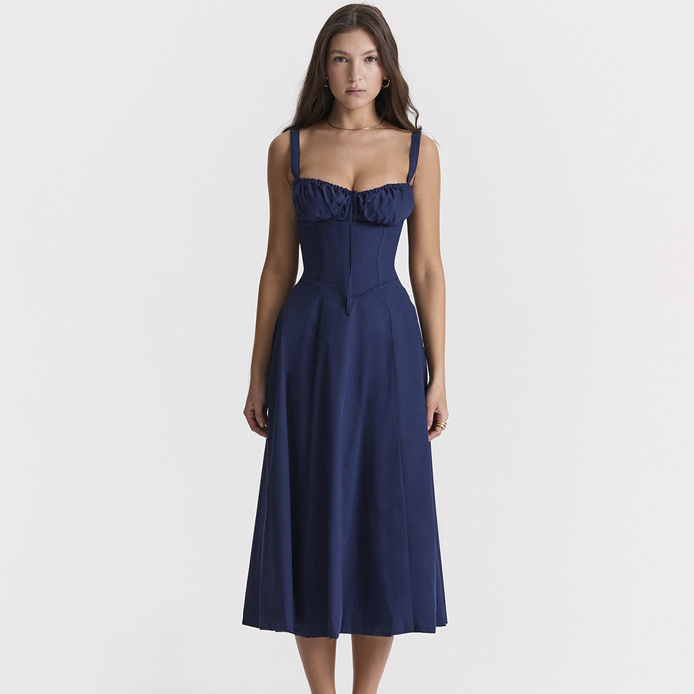 Lace-Detail Coastal Maxi Dress – Navy