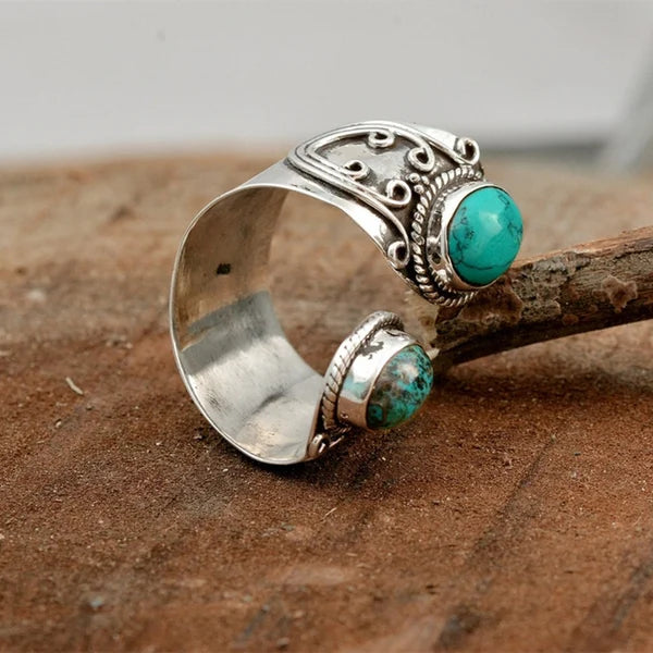 Unisex Wrap Ring - Adjustable Boho Vintage Style - Dual Oval Stone Statement Jewelry