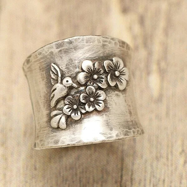 Women's Wide Band Ring - Handcrafted Metal - Floral & Bird Engraved Statement Piece