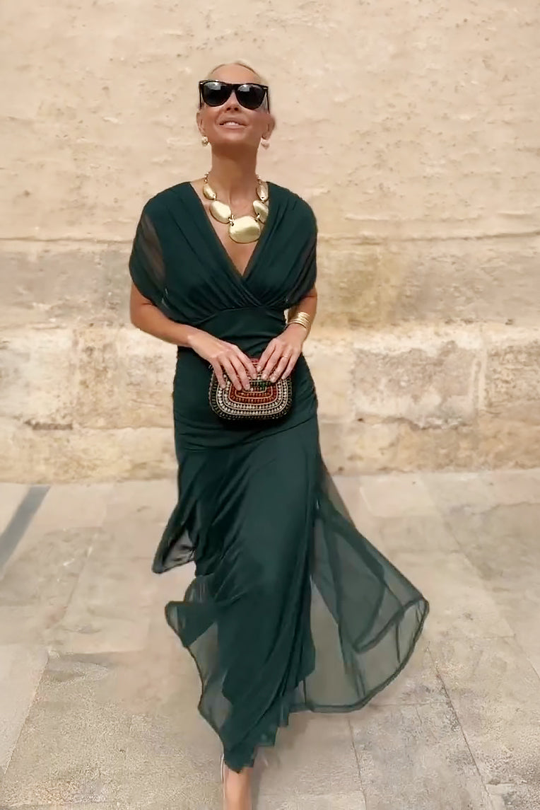 Bottle-Green Tulle Maxi Dress