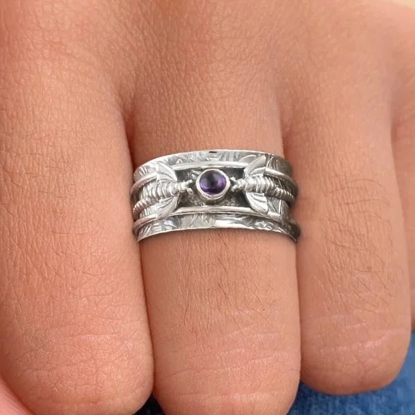 Women's Bee Ring - Metal Wide Band - Engraved Nature-Inspired Design - Gemstone Accent