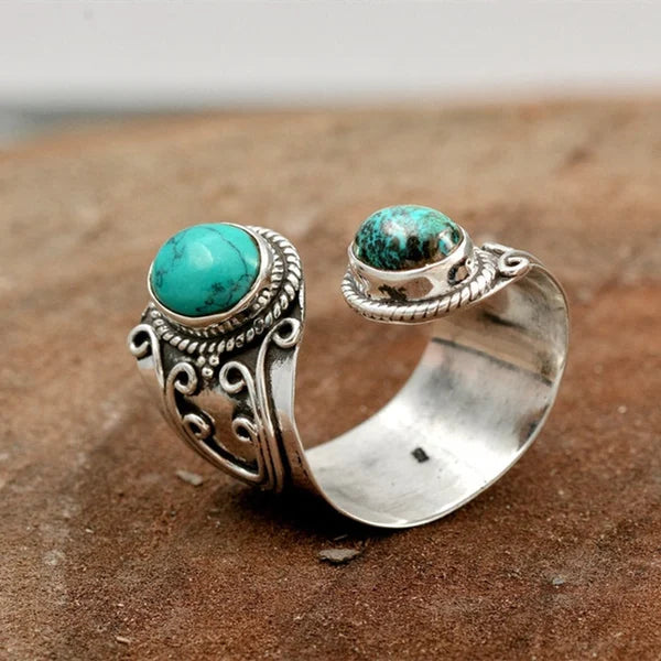 Unisex Wrap Ring - Adjustable Boho Vintage Style - Dual Oval Stone Statement Jewelry